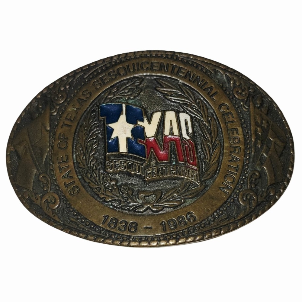 Texas 1836-1986 Sesquicentennial Solid Brass Belt Buckle Texoma‎ Leather & Brass
